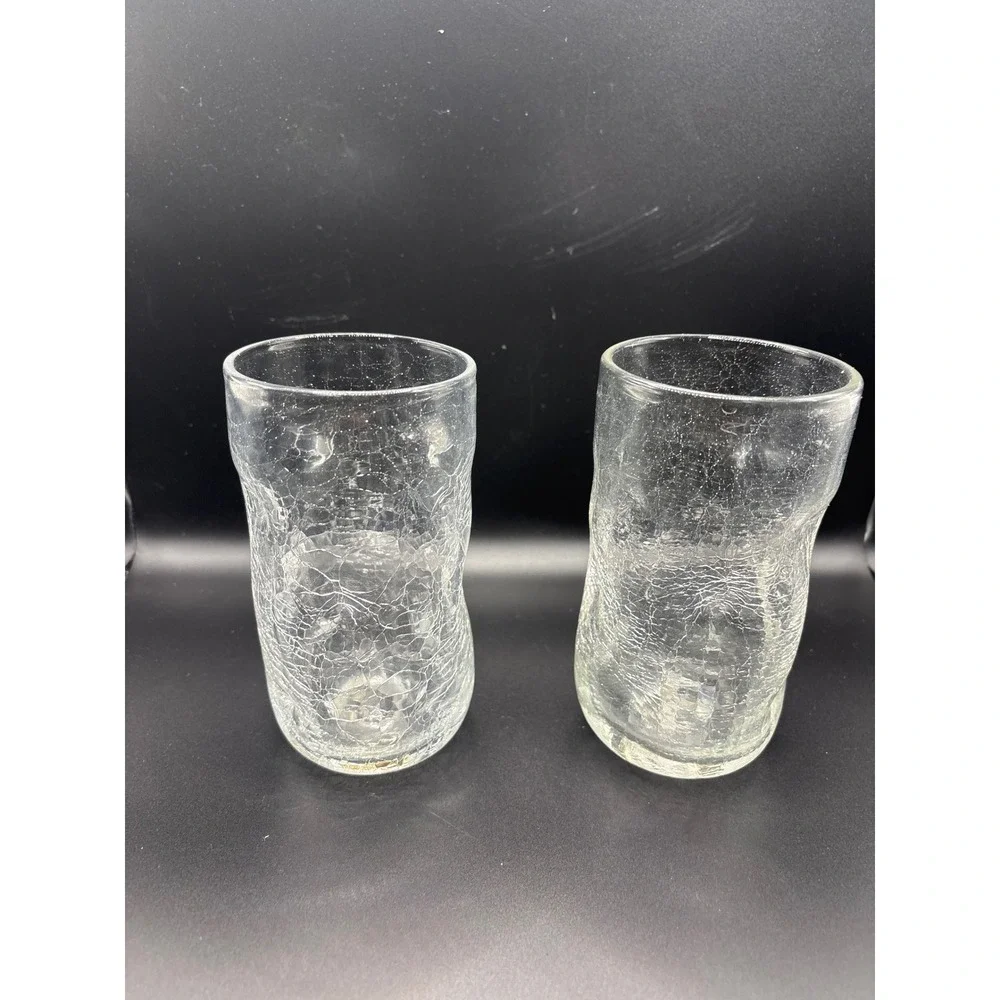 Set of 2 Hand Blown Clear Crackle Glass Tumblers Organic Wavy Shape Highball